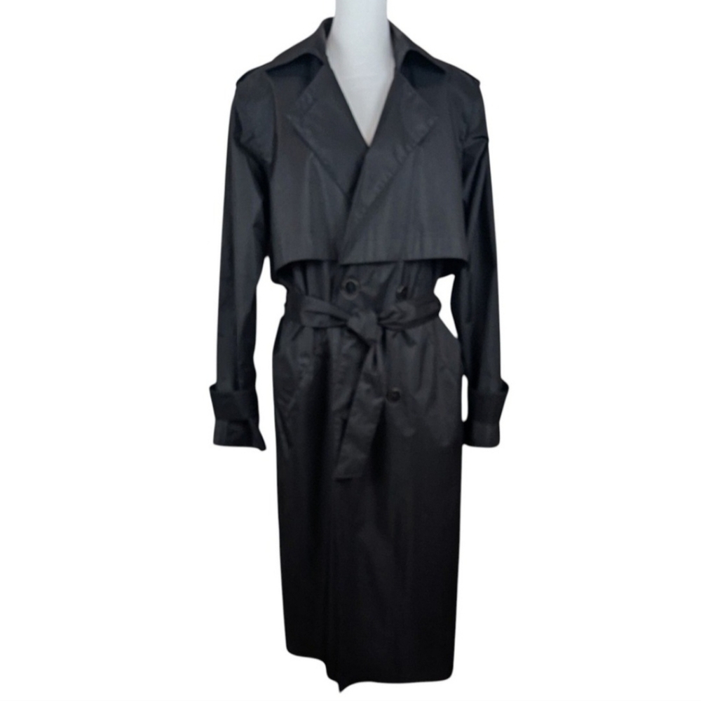 Vintage British Mist Black Double Belted Trench Rain Coat Sz 14 - Picture 8 of 10